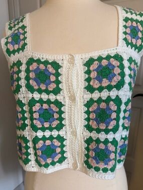 Handmade Crochet Granny-Square Crop Top in Green, Blue & Pink